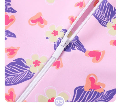 Leaf Print One Piece Girls Swimwear Kids Short Sleeve Swimsuit With Front Zipper Summer Children Swimming Suit Beachwear