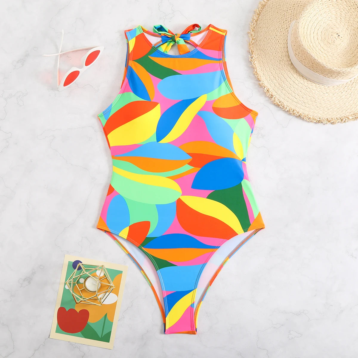 Color Block Swimsuit One Piece Backless Printed Swimwear Women Bathers Bathing Swimming Swim Suit Padded Beachwear Summer