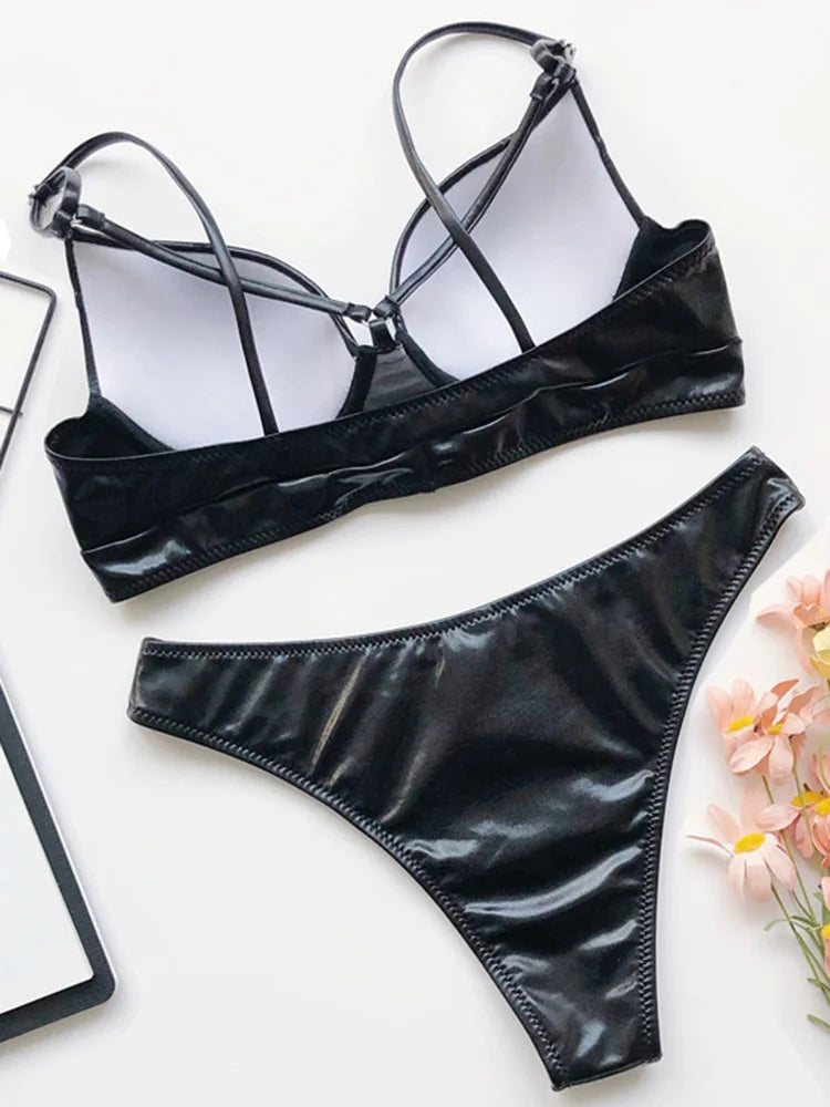 Shiny Faux Leather PU Bikini Women Swimsuit Bra Cup Bikinis Female Swimwear Two Pieces Bikini Set Push Up Bathing Suit Swim