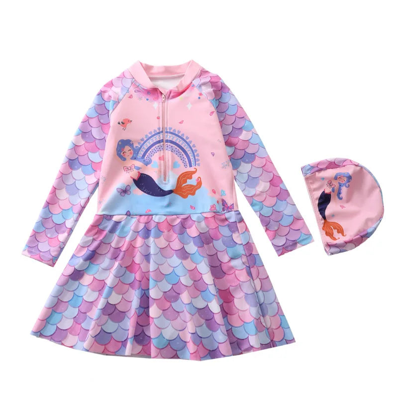 Mermaid Swimsuit for Girls Long Sleeves Children's Swimwear Front Zipper One-Piece Swimming Dresses Summer Beach Bathing Suit