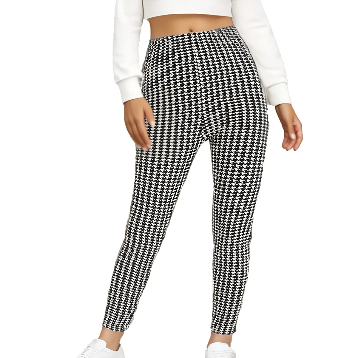 Plus Size Elastic Casual Leggings Sports Tight Pants Thousand Bird Plaid Comfortable Soft Breathable Cropped Pants