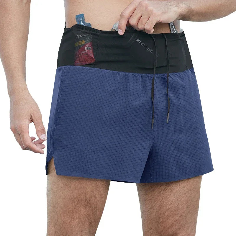Marathon Running Shorts Men 2 In 1 Quick Dry Workout Training Fitness Jogging Multi-Pocket Man Gym Sport Shorts with Waist Pouch