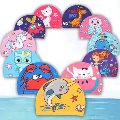 Elastic Fabric Cute Cartoon Swimming Cap for Children Long Hair Lovely Kids Protect Ears Swim Pool Hat for Boys Girls Swim Hat