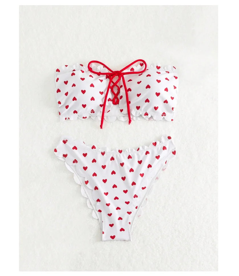 Swim Mod Heart Printed Bandeau Bikini Set Valentine Summer Beach Swimwear Bathing Suit For Women