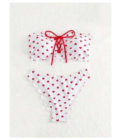 Swim Mod Heart Printed Bandeau Bikini Set Valentine Summer Beach Swimwear Bathing Suit For Women