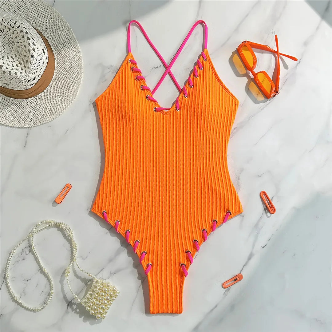 5 Colors V Neck Ribbed Cross Back One Piece Swimsuit Women Swimwear Female High Leg Cut Monokini  Bather Bathing Suit Swim