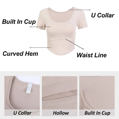Aiithuug U Neck Yoga Bra Crop Bra Short Sleeve Ribbed Gym Crop Pilates Bras Gym Bra Workout Crops Fitness Top Running Crops