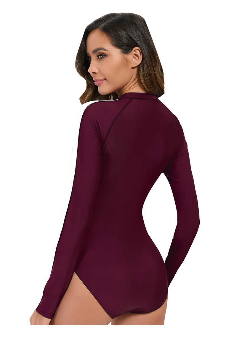 Long Sleeved Sun Protection One-piece Sports Swimsuit for Women High Elasticity Slim Zipper Sports Bikini Monokini Surfing Suit