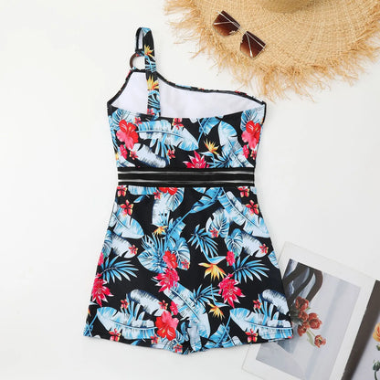 Women's Sloping Shoulder Swimwear One Piece Integrated Design Swimsuit Flower Print High Waisted Outdoor Beach Summer