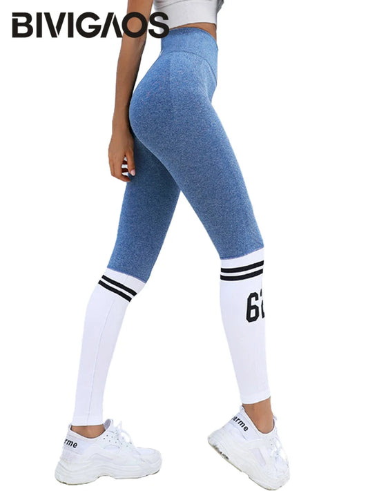 BIVIGAOS Women Contrast Color Hip Lift Fitness Leggings Running Sports Leggings High Waist Elastic Workout Leggings Push Up