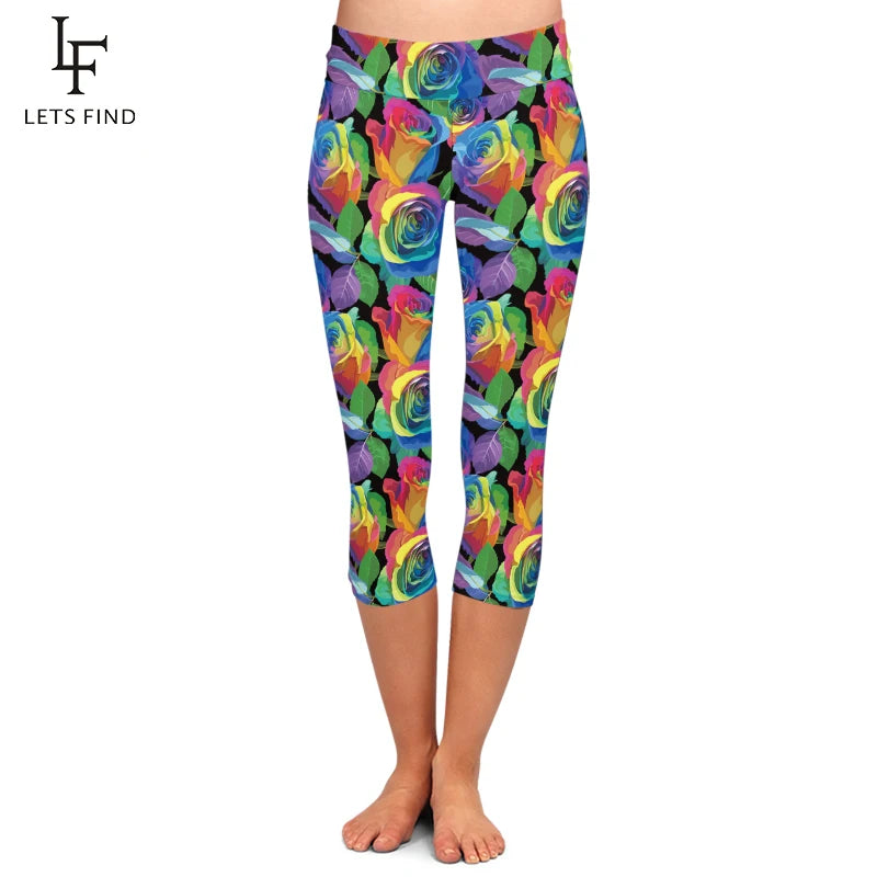 Colorful Flower Print High Waist Leggings Fashion  Women Casual Capri Leggings
