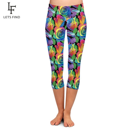 Colorful Flower Print High Waist Leggings Fashion  Women Casual Capri Leggings
