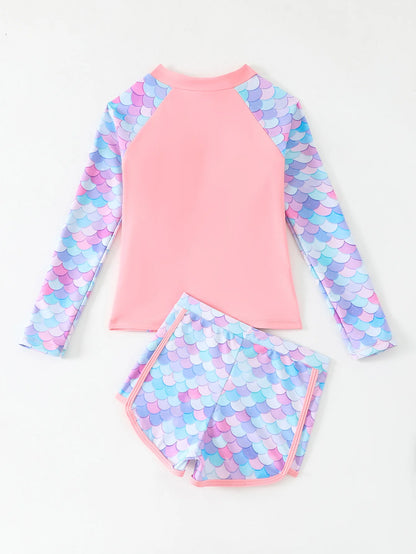 Girls Swimsuit Pink Long Sleeve Rash Guard Shirts Children Swimwear Summer Kids Beach Wear Shorts Quick-Dry Bathing Suit