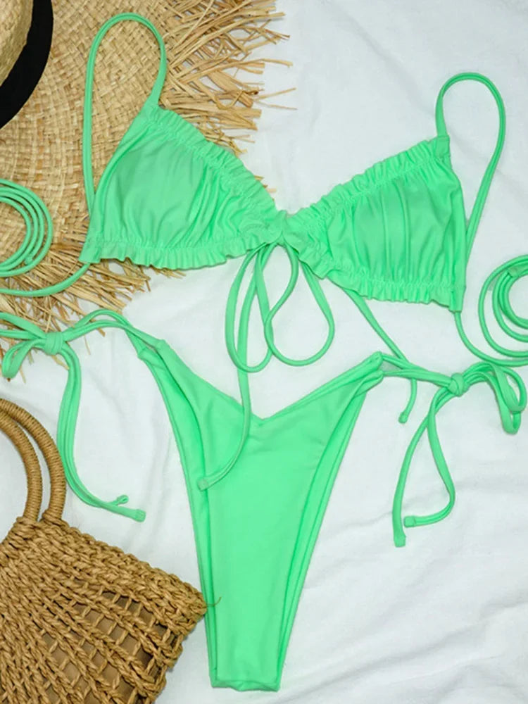 Ruffle Frilled Micro Thong Bikini Women Swimwear Female Swimsuit Two-pieces Bikini set String Bather Bathing Suit Swim