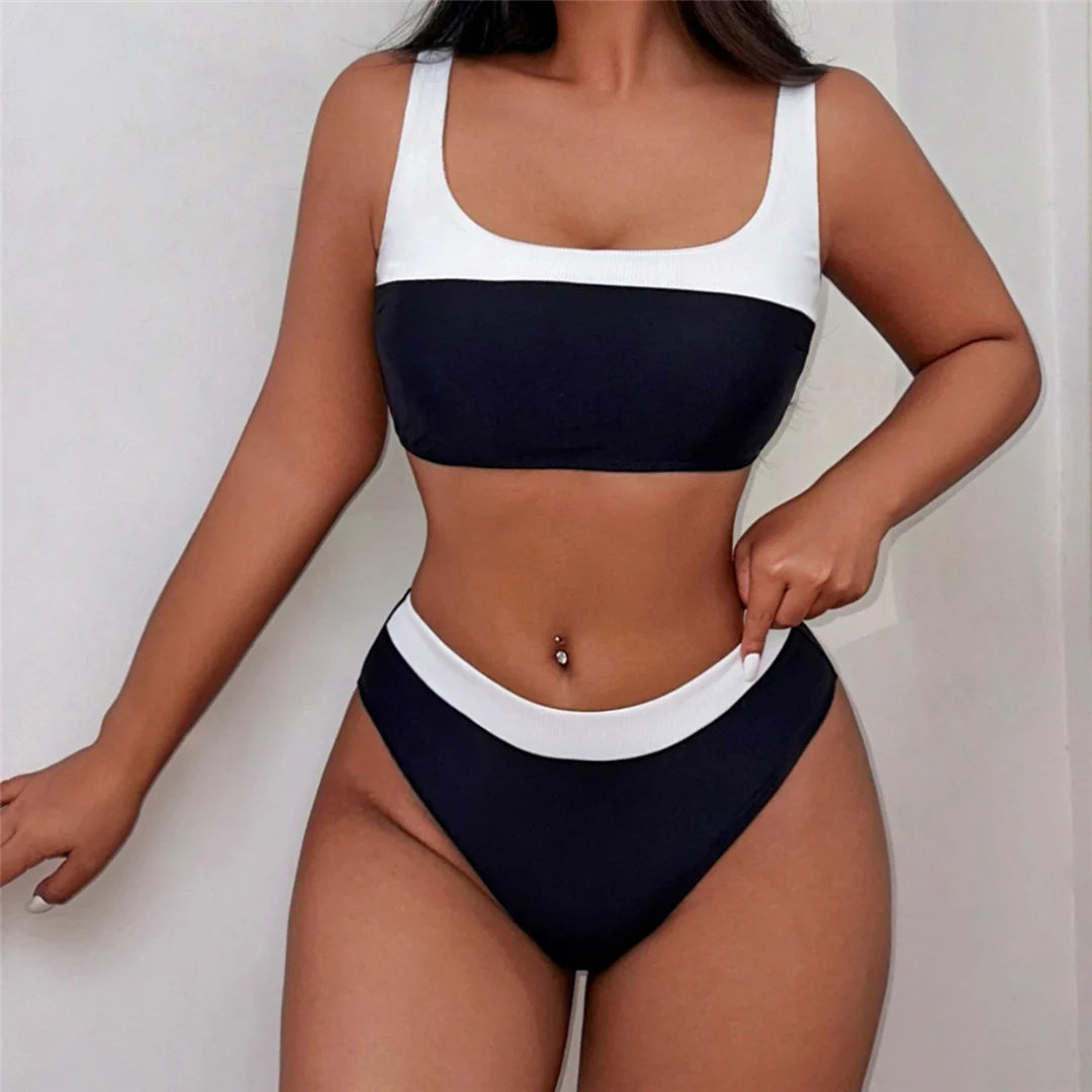Splicing Mid Waist High Leg Cut Bikini Female Swimsuit Women Swimwear Two-pieces Bikini set Bather Bathing Suit Swim