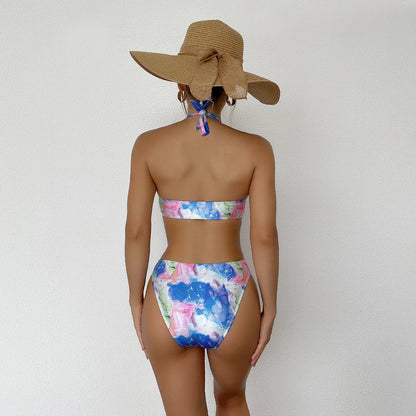 Print Tied Halter Swimwear Women Hollow Push Up One Piece Swimsuit Monokini Backless Beach Bathing Suit