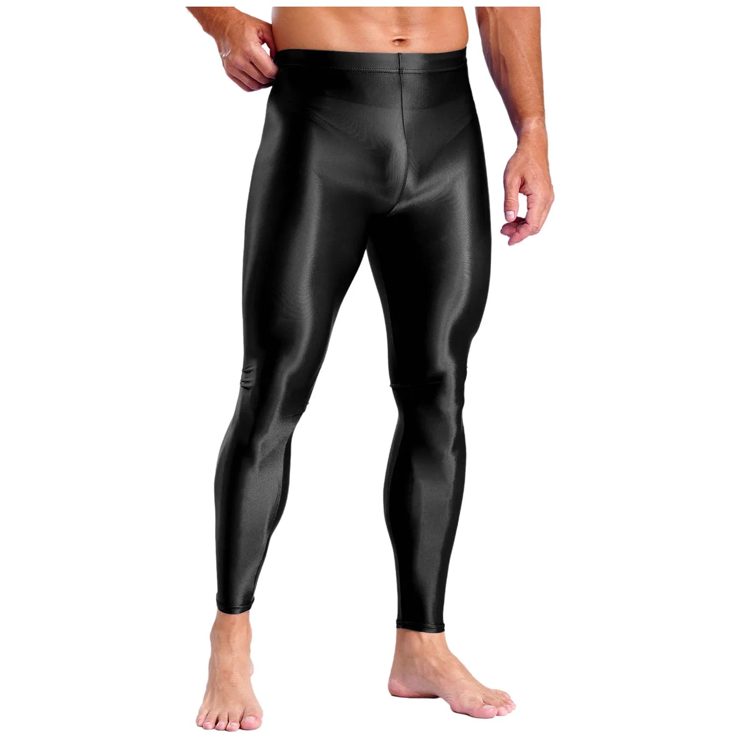 Mens Breathable Pure Color Oil Sports Pants Shiny Metallic Stretchy Casual Leggings Gym Running Workout Fitness Pants Trousers