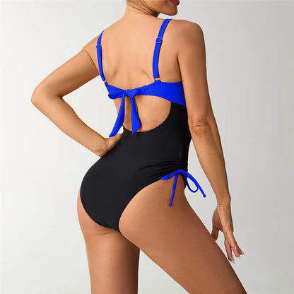 S - XXL Splicing V Neck Backless Women Swimwear One Piece Swimsuit Female High Leg Cut Padded Bather Bathing Suit Swim
