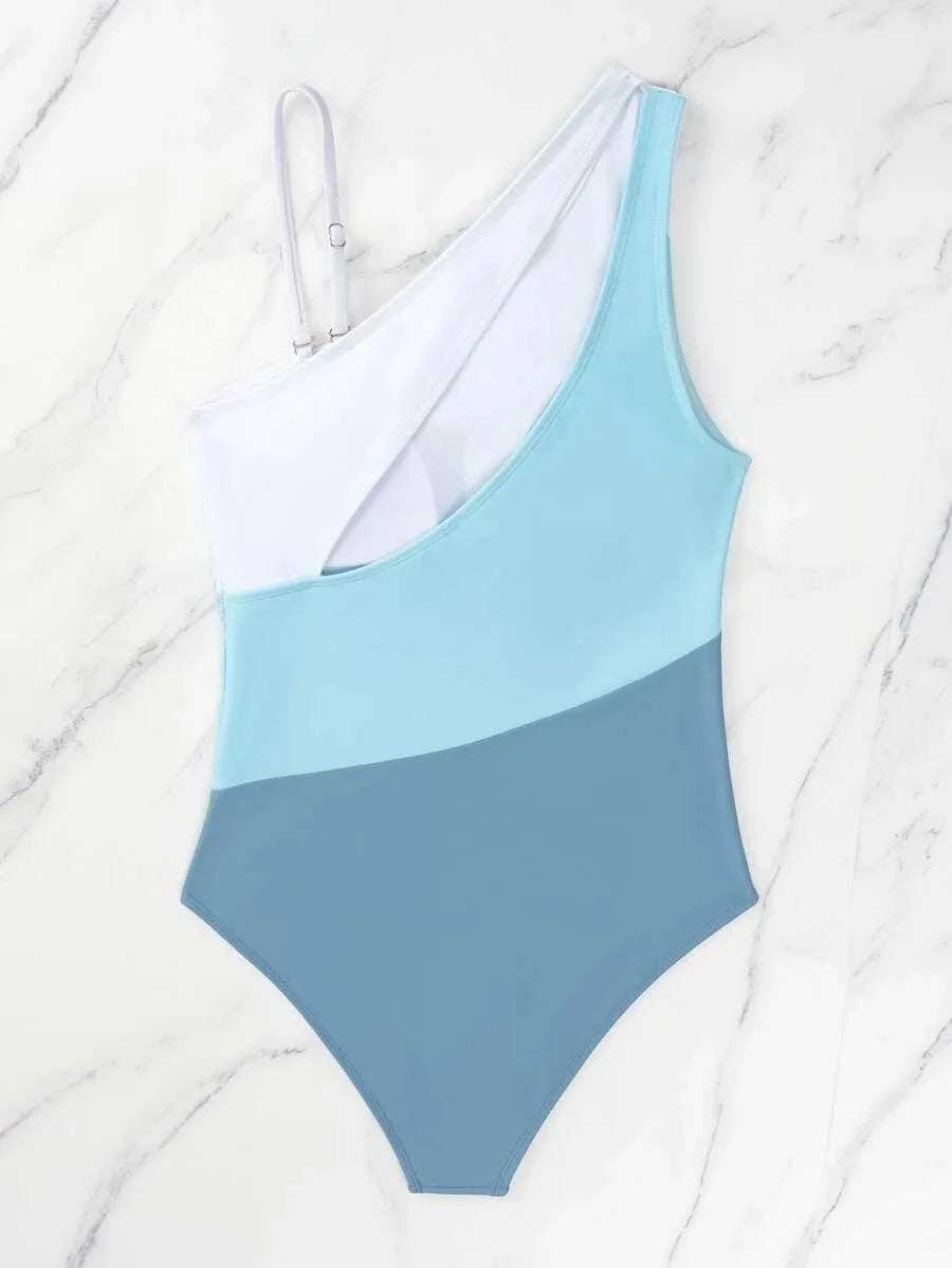 Colorblock Cut Out One Shoulder Swimsuit One Piece Swimwear Women Bather Bathing Swimming Swim Suit Female Beachwear