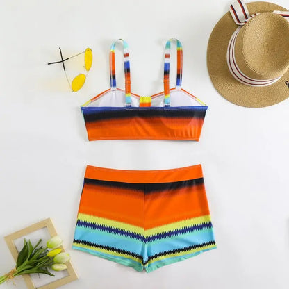 Summer Beach Striped Print Ruched Bikini Set Swimwear Bathing Suit For Women