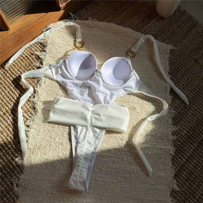 Halter With Belt Underwired Women Swimwear One Piece Swimsuit Female High Cut Leg Mini Thong Bather Bathing Suit Swim