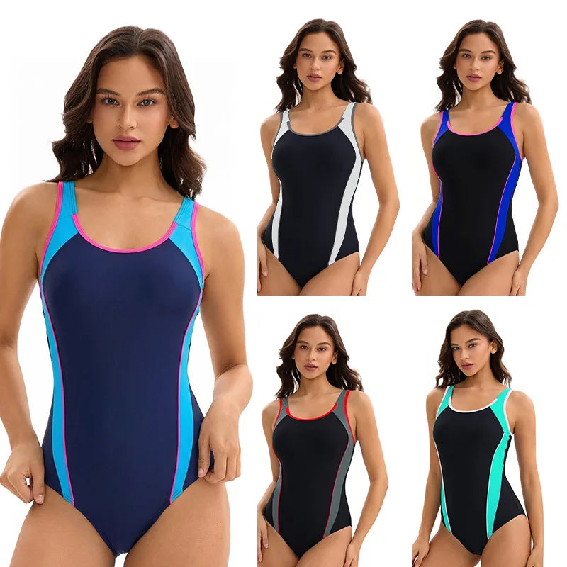 Women's Color Block One-Piece Racing Swimsuit - Backless Sleeveless Athletic Swimwear for Beach Vocation Wear