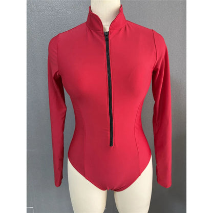 S - 2XL 4 Colors Long Sleeve With Zipper Surf Rash Guard One Piece Swimsuit Women Swimwear Female Bather Bathing Suit Swim