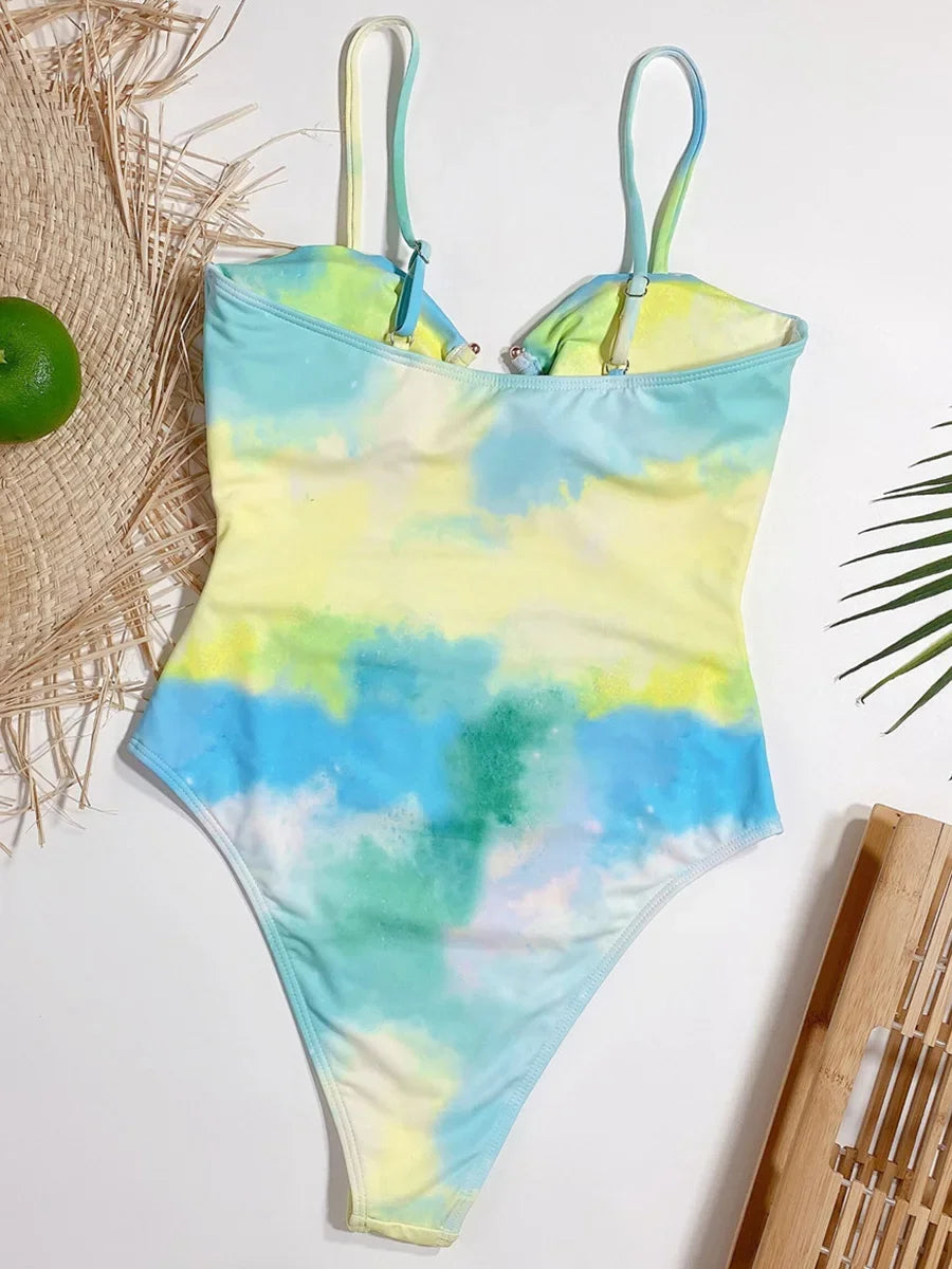 Tie Dye Tummy Cut Out Women Bandeau Swimwear One Piece Swimsuit Female High Cut Monokini Bather Bathing Suit Swim Lady
