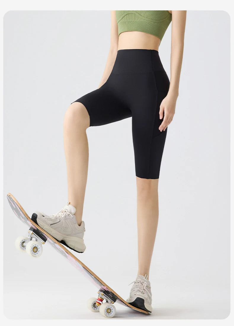 Pocket Yoga Sharkskin Bicycle Shorts Women Thin High Waist Push Up Light Feeling Sports  Fitness Cycling Shorts