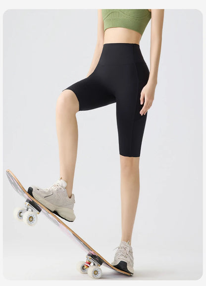 Pocket Yoga Sharkskin Bicycle Shorts Women Thin High Waist Push Up Light Feeling Sports  Fitness Cycling Shorts