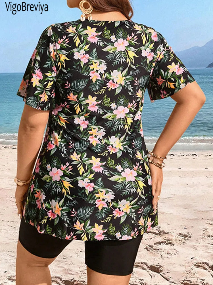 Print 2 Piece Plus Size Tankini Set Women Short Sleeve Curvy Dress Swimsuit Lady Beach Big Bathing Suit