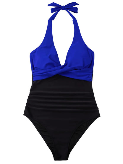 Halter Swimsuit Women One Piece Printed Cross Smocked Swimwear Female Bodysuit Bathing Swimming Suit Padded Beachwear