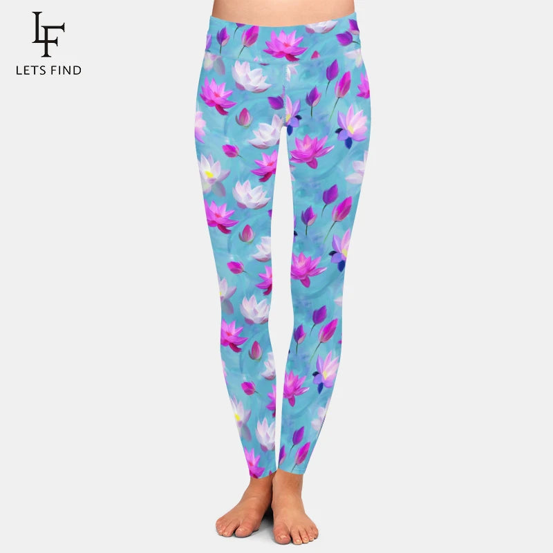 Lotus Flowers Digital Printing Women High Waist Elastic Pants High Quality Workout Stretch Leggings
