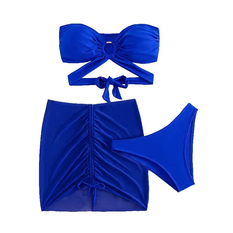 Blue Bandeau Swimwear Women Mesh Cover Up Three Piece Bikinis Set Swimsuits Female Bathing Suit Brazilian Beach Wear Swim