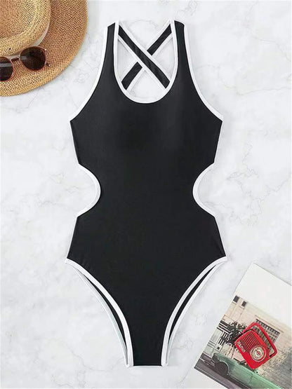 Cross Back Swimwear Women One Piece Solid Stitch Swimsuit Lady Bathers Bathing Swimming Suit Bodysuit Beachwear Summer