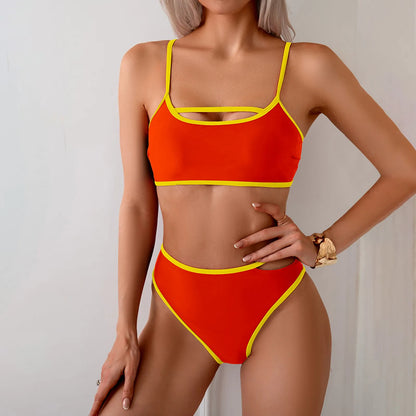 2 Piece Bikini Set Color Block Swimsuit Women Hollow Out Bathing Suit High Waisted Swimwear Brazillian Tankini