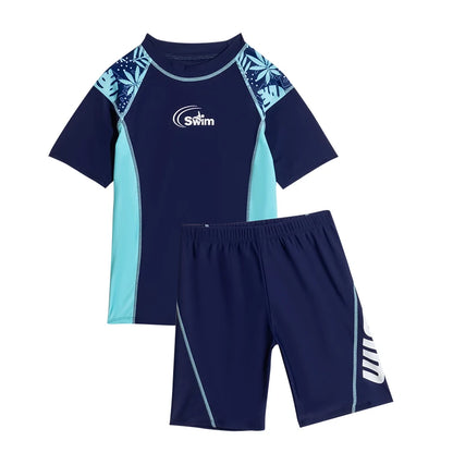 Boy Swimwear Short Shirt Two Piece Short Sleeve Solid Patchwork Teenager Children Kids Swimming Beach Wear 2024 9-16 years