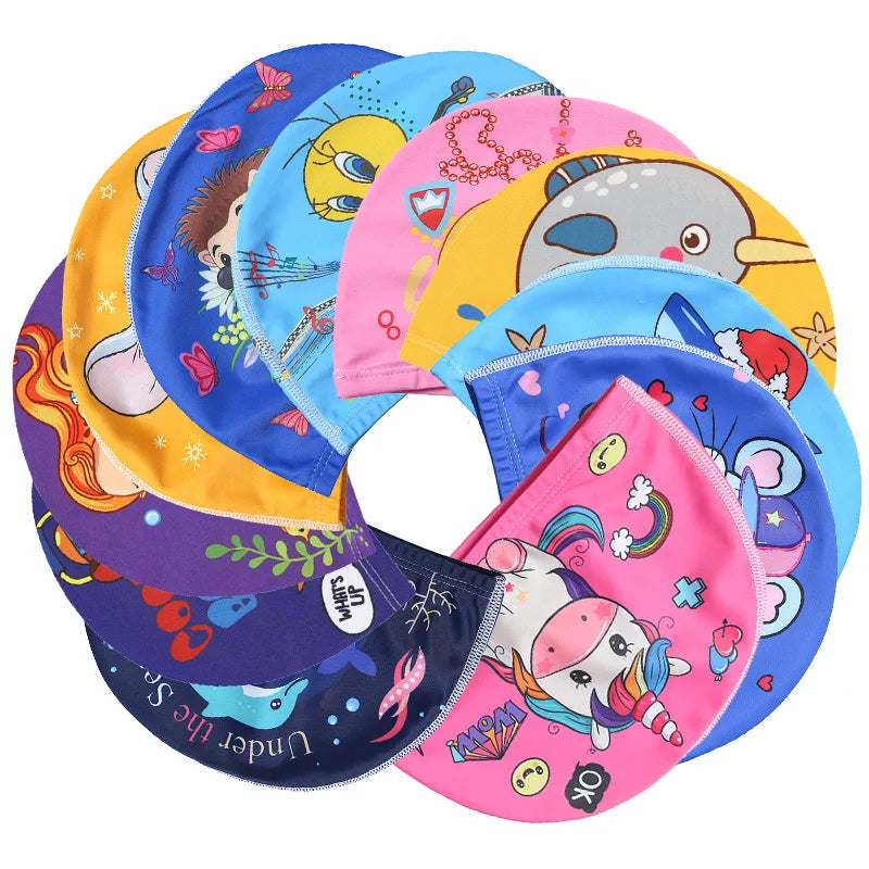 Children Cartoon Swimming Cap Kids Elastic Fabric Swimming Pool Water Sport Protect Ears Hat Swim Bathing Hats Caps Boys Girls