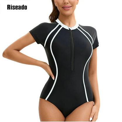 One Piece Swimsuit Mock Neck Zipper Short Sleeve Bathing Suit for Athletic beach clothes for lady