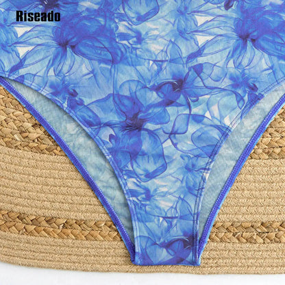 Long Sleeve Mesh Rash Guard Sun Protection Printed High Waist Surfing One Piece Swimsuit Holiday Bathing Suit for Women