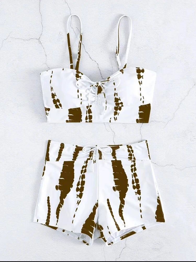 Drawstring Front Shorts Bikinis High Waist Swimsuit Women Swimwear Female Bathers Bathing Swimming Swim Suit Beachwear