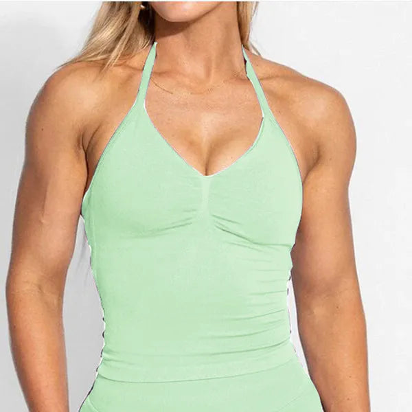 D-impact V Neck Gym Top Yoga Bra Longline Halter Women Seamless Sports Running Tank Fitness Workout Active Wear