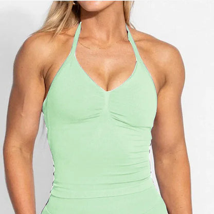D-impact V Neck Gym Top Yoga Bra Longline Halter Women Seamless Sports Running Tank Fitness Workout Active Wear