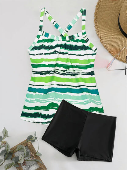 Print High Waist Swimsuit Ring Link Two Piece Tankini Swimwear Female Padded Beachwear Bathers Bathing Swimming Suit