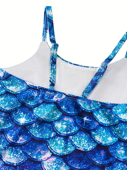 Bikini-cut Bottom Girls Swimsuit, One-Piece Sleeveless 3D Scale Print Swimwear, Beach Half Backless, Kids Ages 3-12 Swim, Summer