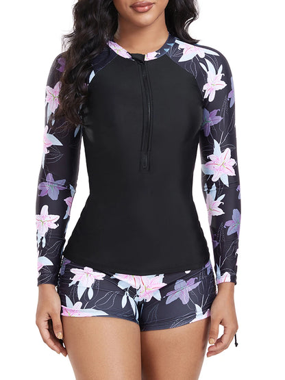 Floral Long Sleeve Surfing Swimsuit Women Two Pieces Zipper Swimwear Female Bathers Bathing Swimming Swim Suit Beachwear