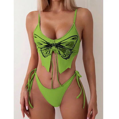 Butterfly Print Strapped Swimwear Women Tied High Cut Bikini Set Push Up Swimsuit Backless Summer Beach Bathing Suit Bathers