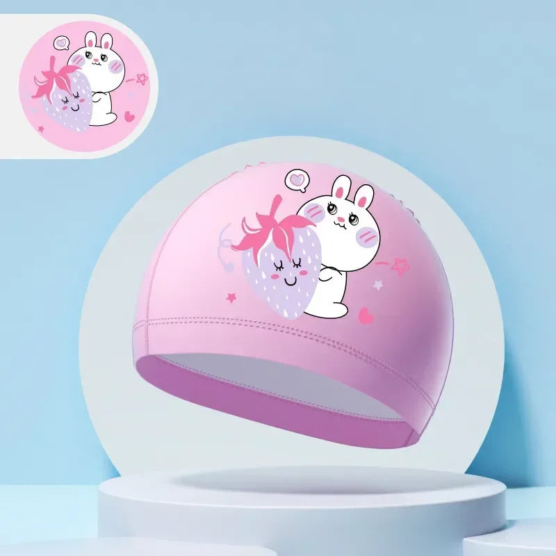 Children's Swimming Caps Boys Girls Kids Cartoon Swim Hat High Elastic Ear Protection PU Waterproof Swimming Cap
