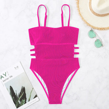 S - XL 11 Colors Ribbed Cut Out One Piece Swimsuit Women Swimwear Female High Leg Cut Padded Bather Bathing Suit Swim Lady