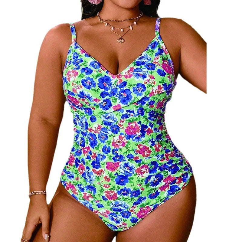 Floral V Collar Hot Spring Bathing Suit Slim Looking Belly Covering Conservative plus Size Bathers